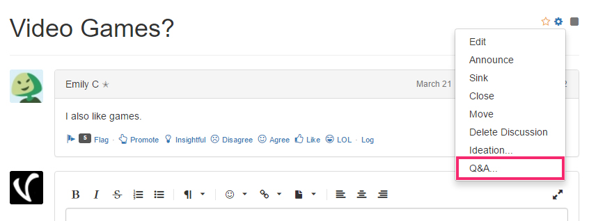 Choosing the Q&A option in the cogwheel menu will open a pop-up that allows you to change the discussions type.