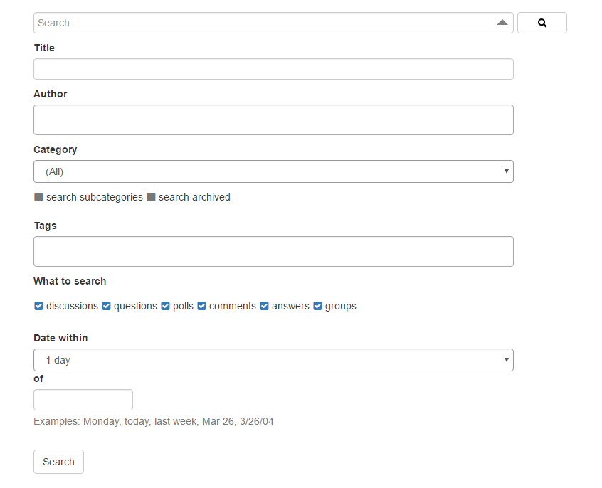 You can search threads by title, author, and tags. You can narrow results down to a specific category, and choose what discussion types to search.